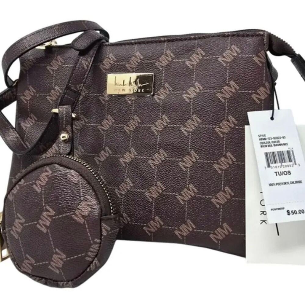 Nicole Miller Signature Brown Monogram Crossbody Bag with Gold Hardware